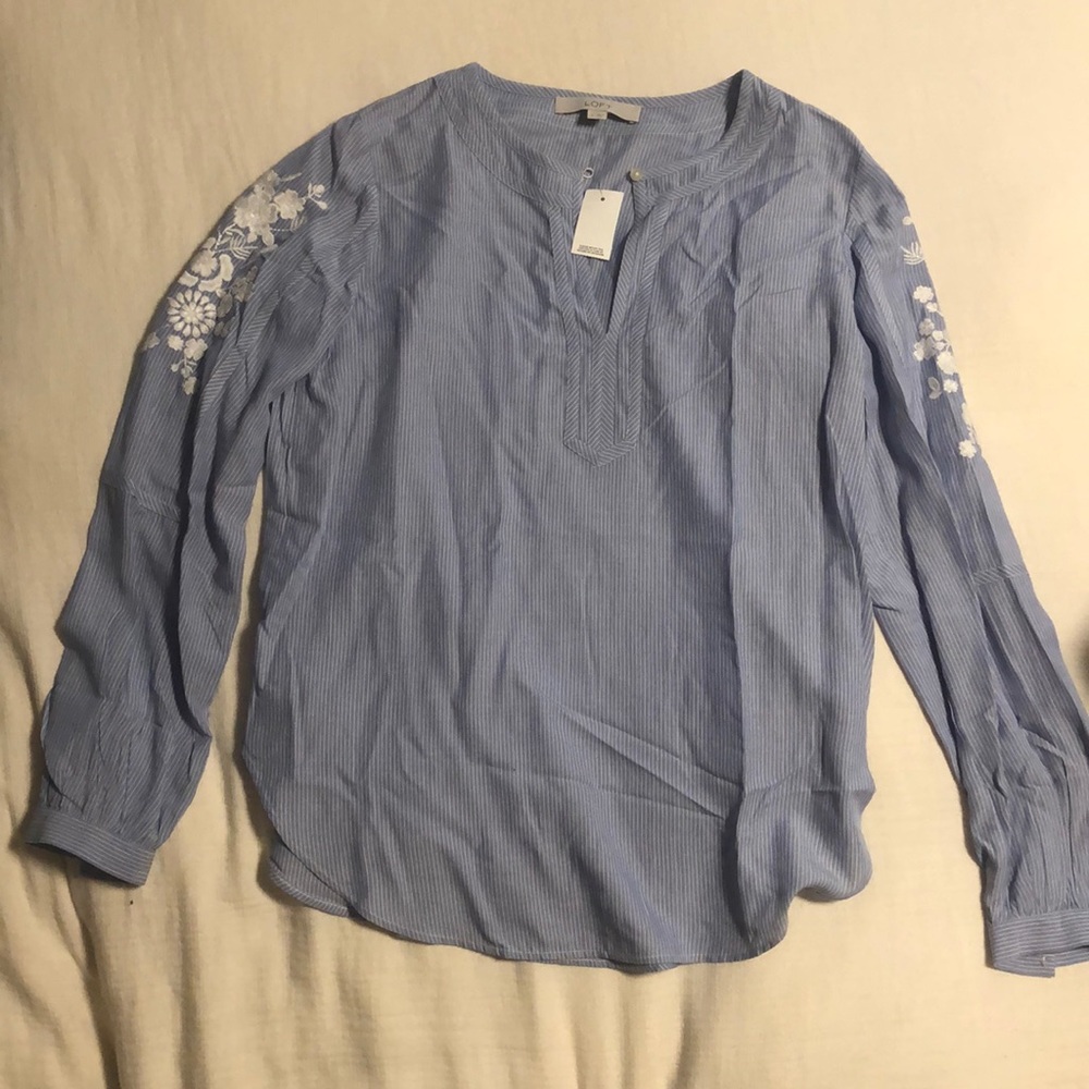 Blue and white striped long sleeve with floral